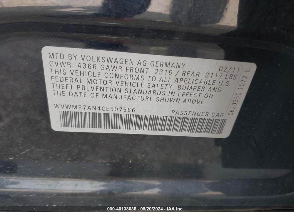 2012 VOLKSWAGEN CC SPORT VIN: WVWMP7AN4CE507586