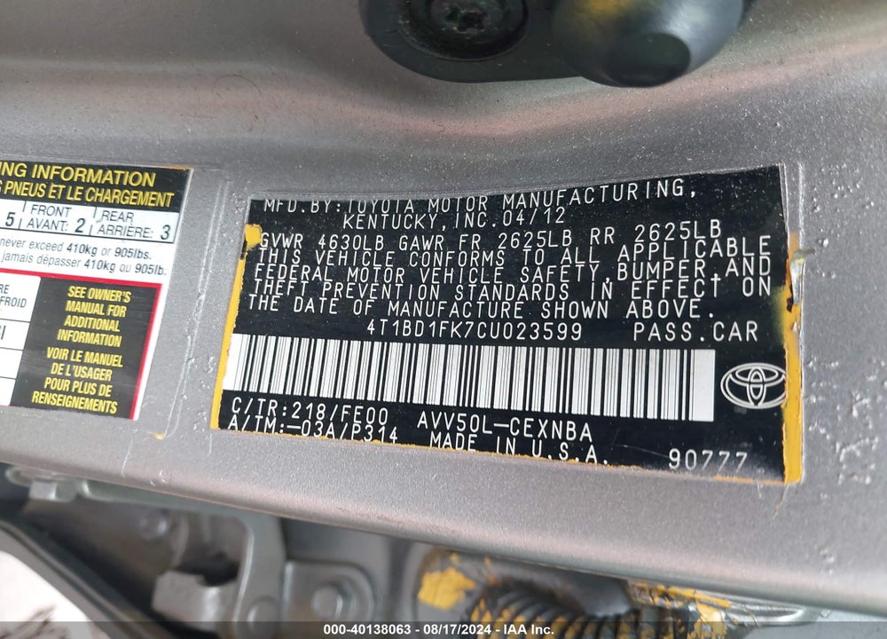 2012 TOYOTA CAMRY HYBRID LE VIN: 4T1BD1FK7CU023599