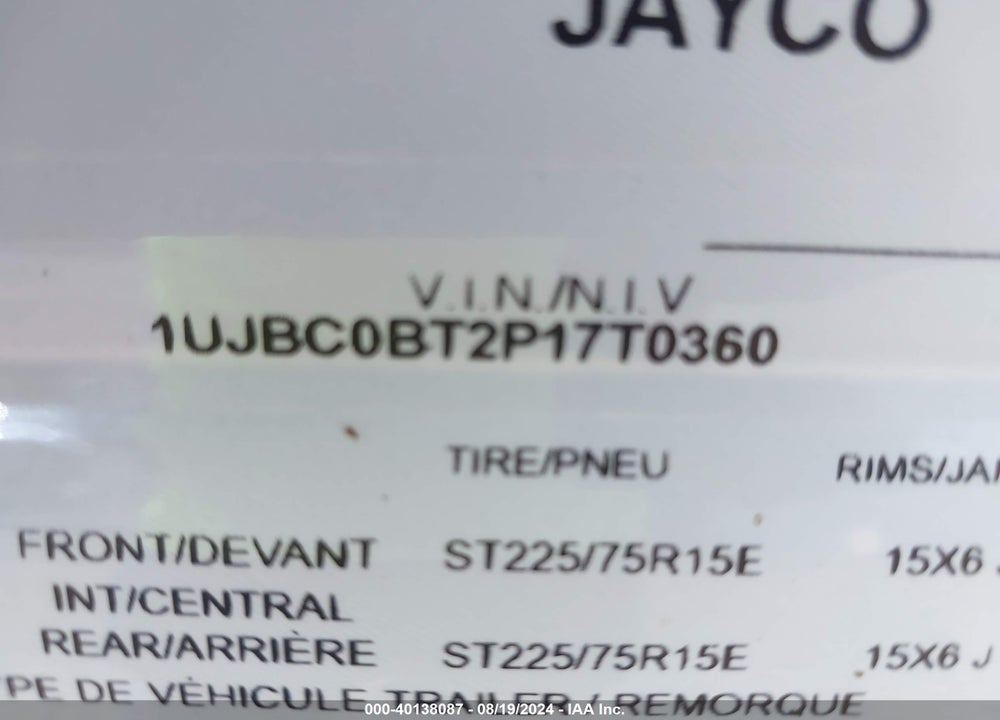 2023 JAYCO JAYFLIGHT TRAVEL TRAILER VIN: 1UJBC0BT2P17T0360