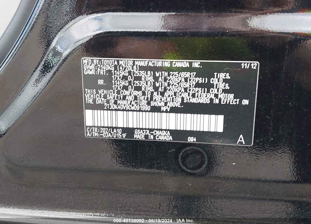 2012 TOYOTA RAV4 VIN: 2T3DK4DV9CW091990