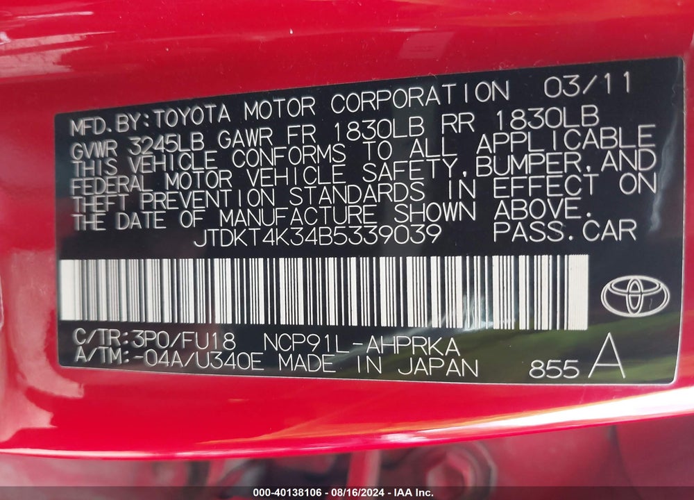 2011 TOYOTA YARIS VIN: JTDKT4K34B5339039