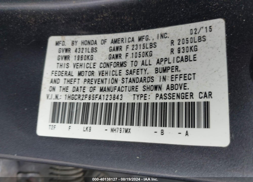 2015 HONDA ACCORD EX-L VIN: 1HGCR2F85FA123843