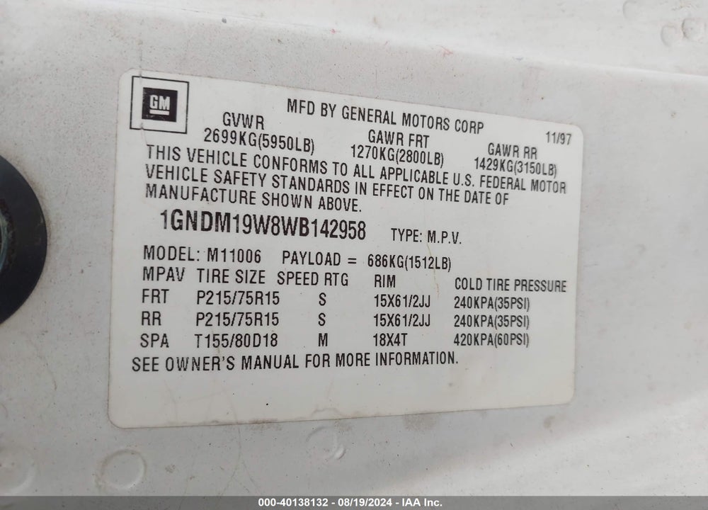 1998 CHEVROLET ASTRO VIN: 1GNDM19W8WB142958