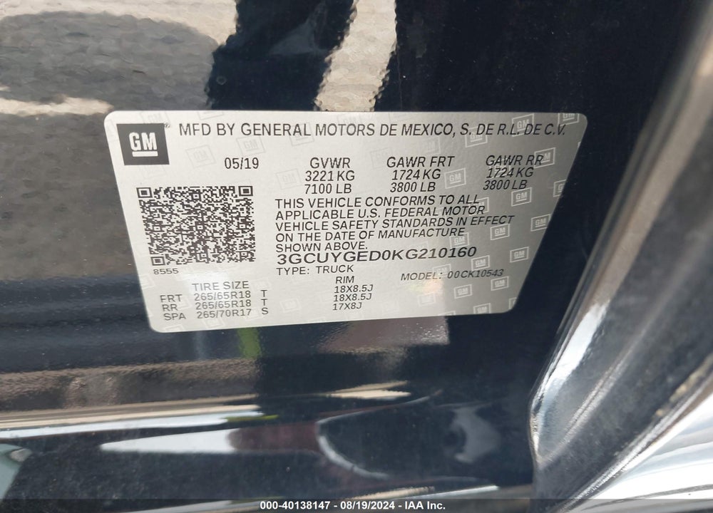 2019 CHEVROLET SILVERADO 1500 LTZ VIN: 3GCUYGED0KG210160