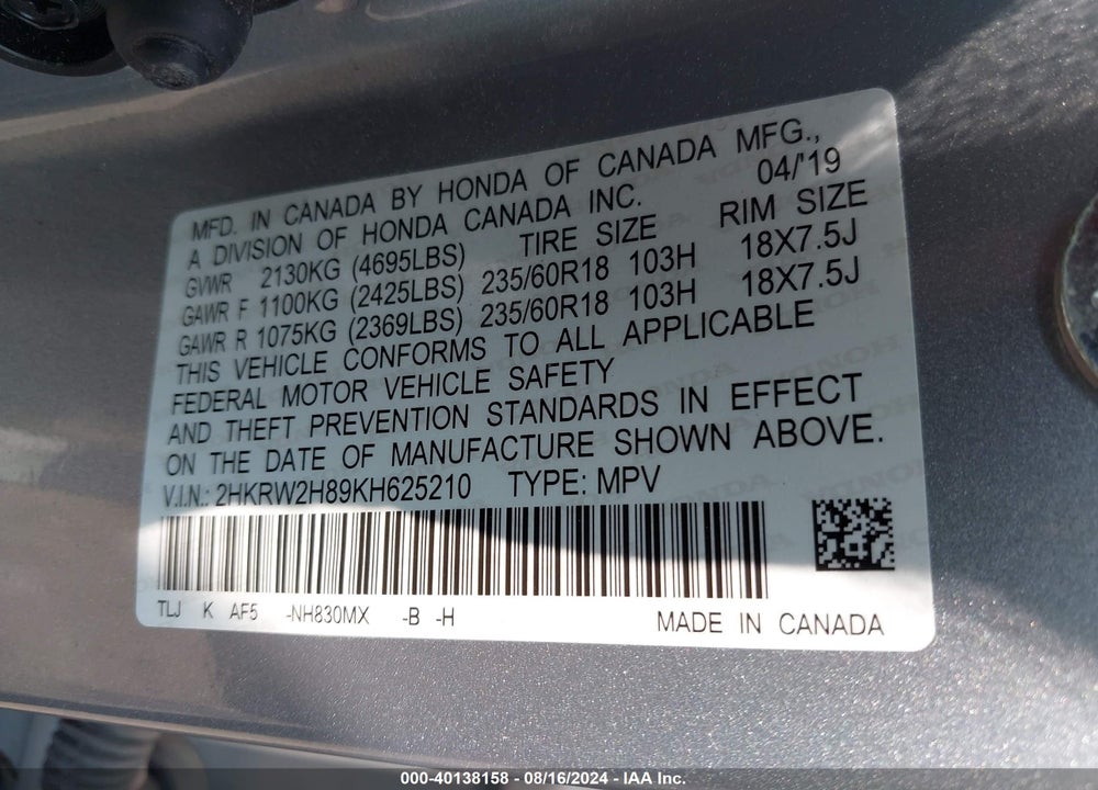 2019 HONDA CR-V EX-L VIN: 2HKRW2H89KH625210