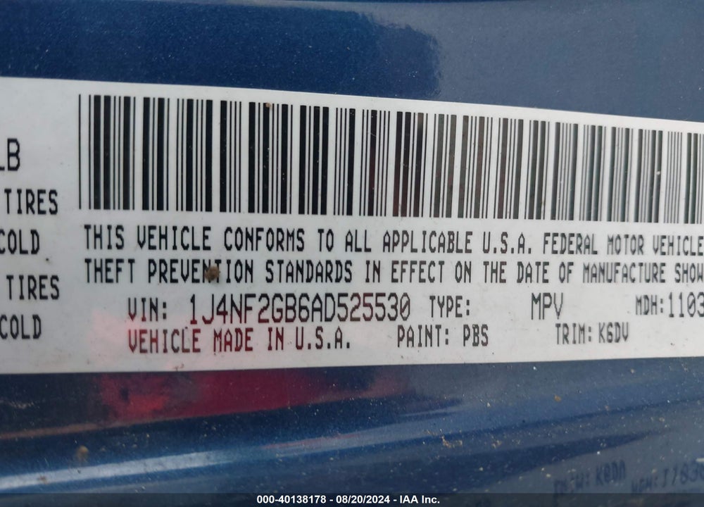 2010 JEEP PATRIOT SPORT VIN: 1J4NF2GB6AD525530