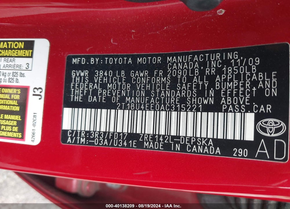 2010 TOYOTA COROLLA S VIN: 2T1BU4EE0AC315221