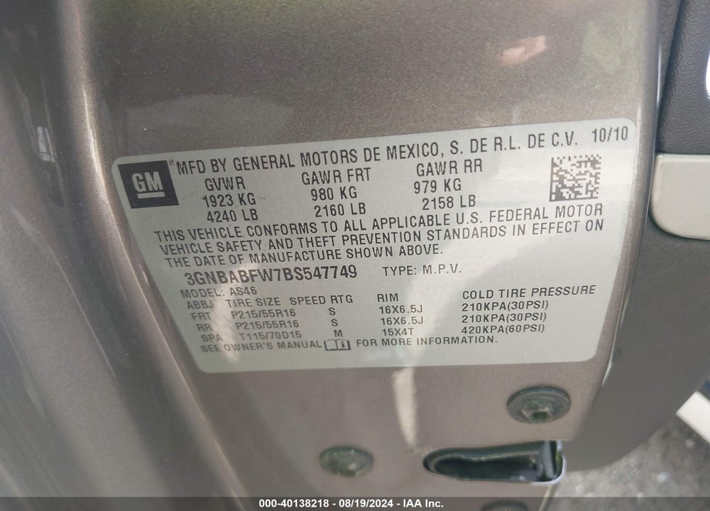 2011 CHEVROLET HHR LT VIN: 3GNBABFW7BS547749