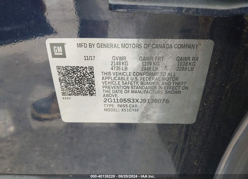 2018 CHEVROLET IMPALA 1LT VIN: 2G1105S3XJ9139075