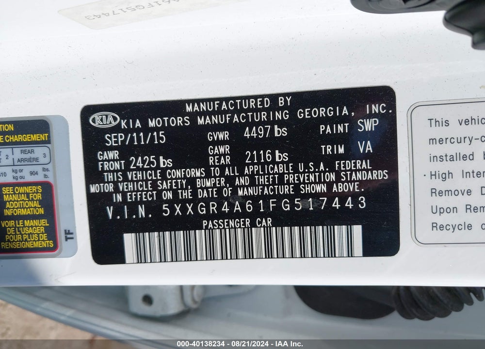 2015 KIA OPTIMA SXL TURBO VIN: 5XXGR4A61FG517443