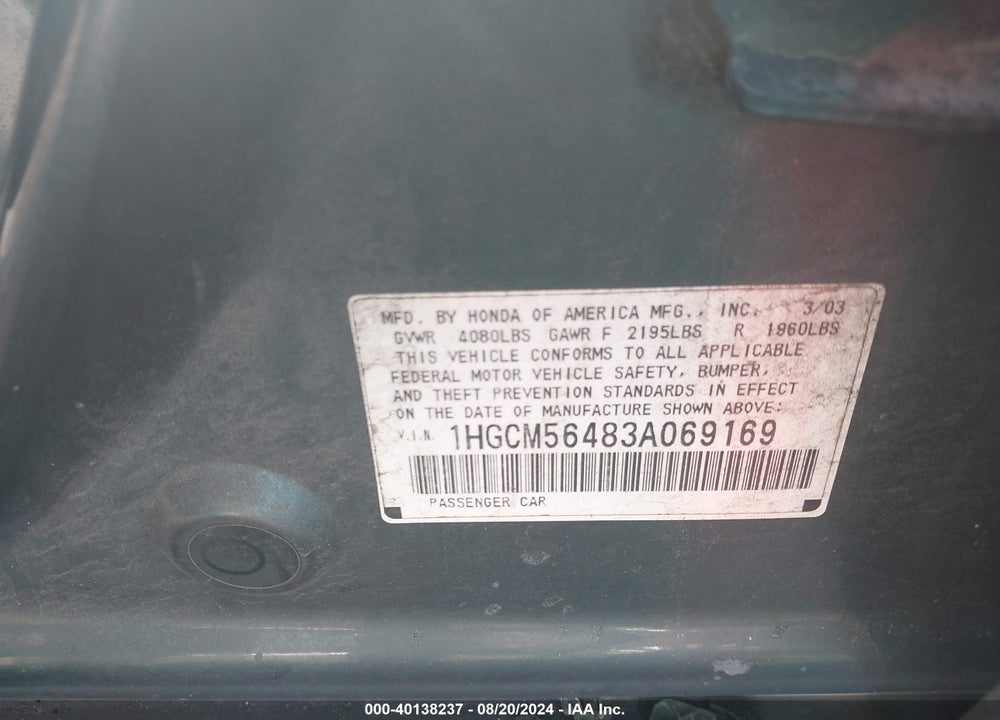2003 HONDA ACCORD VIN: 1HGCM56483A069169