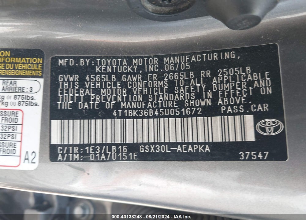 2005 TOYOTA AVALON LIMITED VIN: 4T1BK36B45U051672