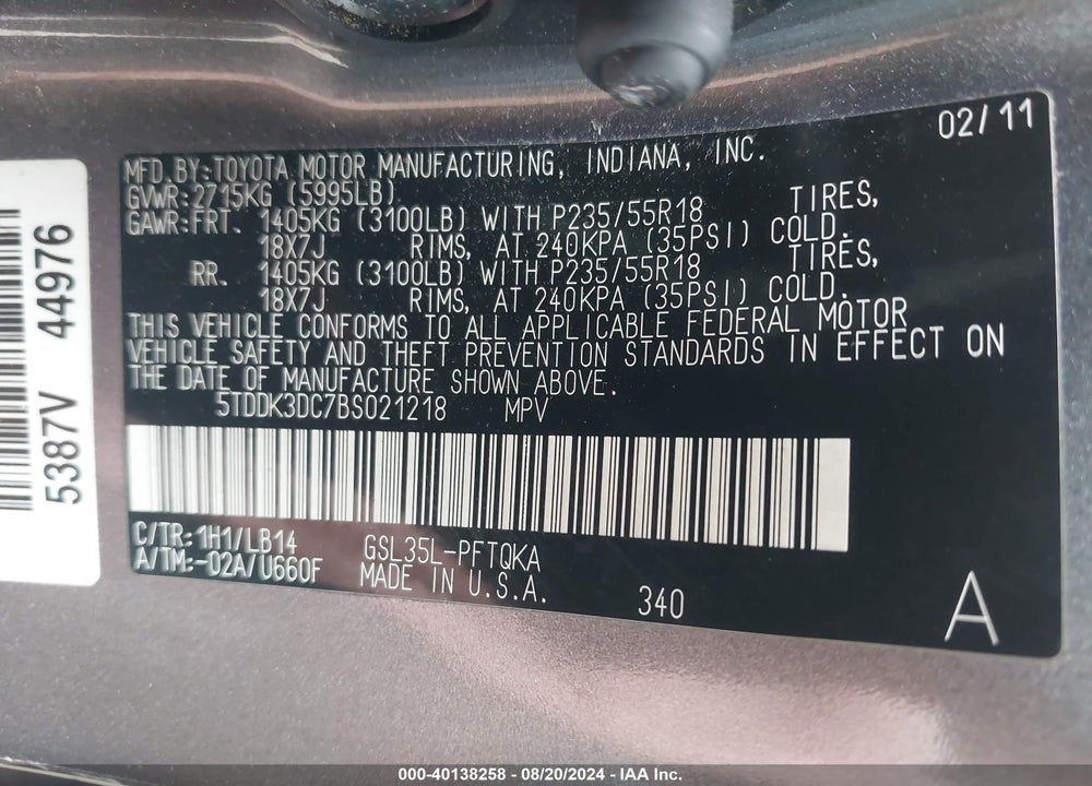 2011 TOYOTA SIENNA XLE VIN: 5TDDK3DC7BS021218