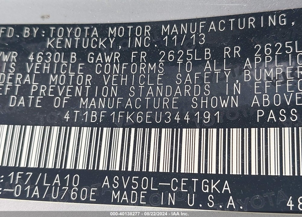 2014 TOYOTA CAMRY XLE VIN: 4T1BF1FK6EU344191