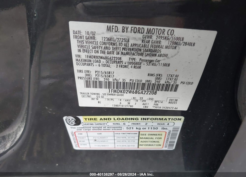 2008 FORD TAURUS X SEL VIN: 1FMDK02W68GA22208