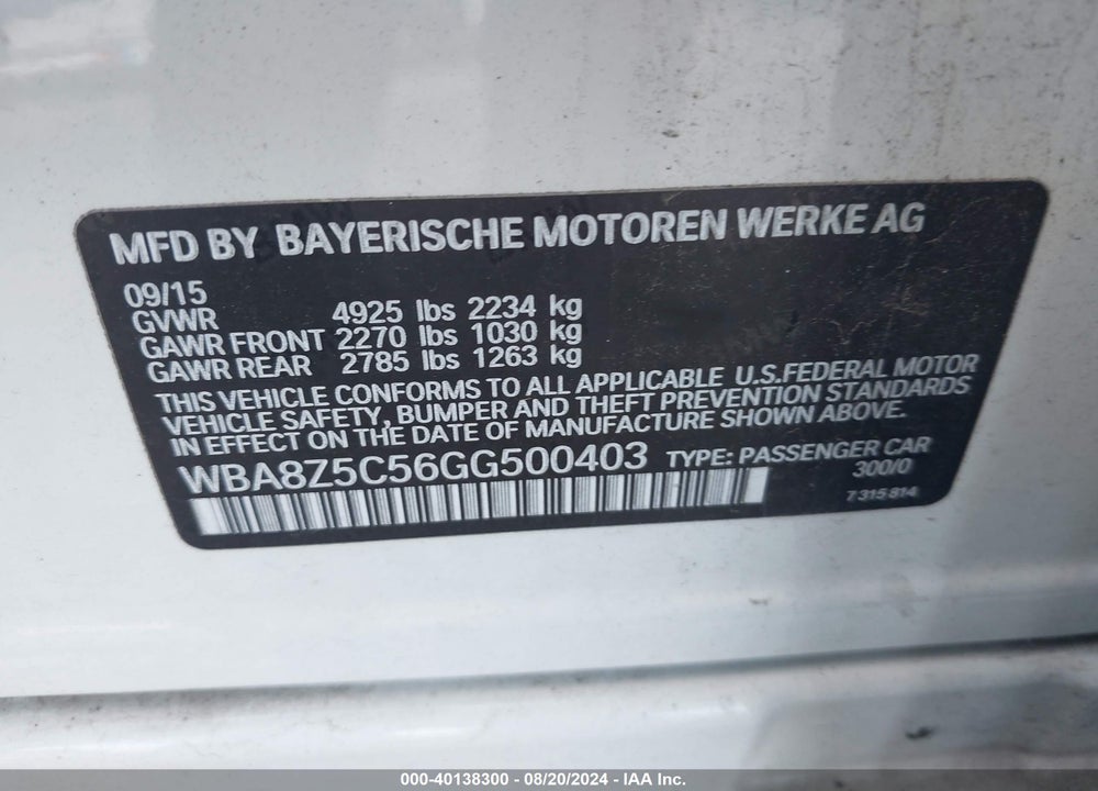 2016 BMW 328I GRAN TURISMO XDRIVE VIN: WBA8Z5C56GG500403