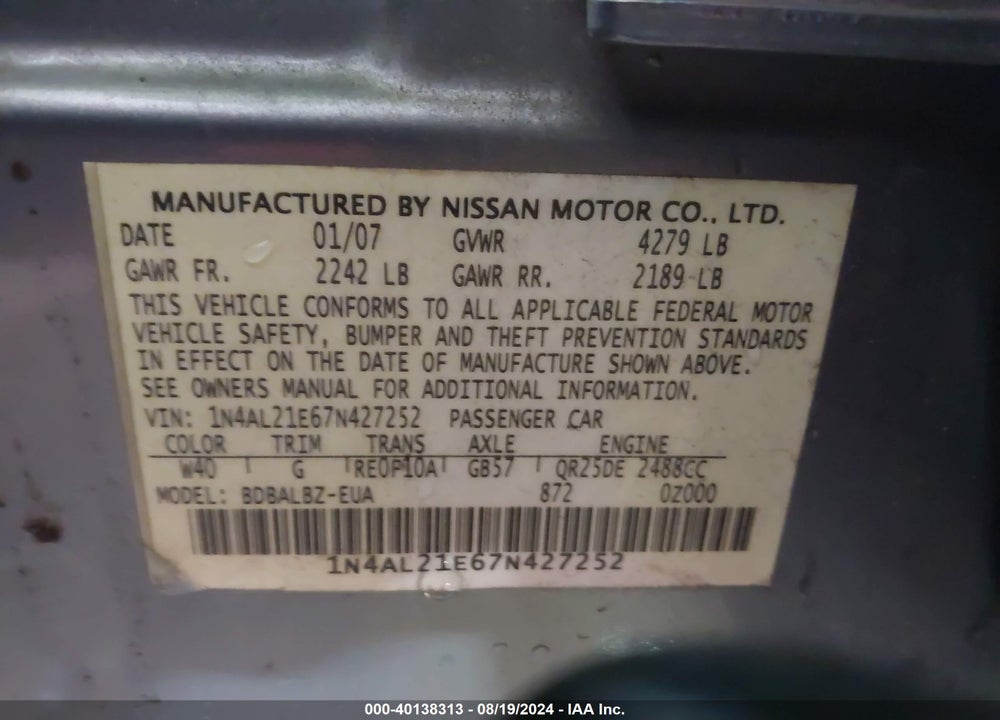 2007 NISSAN ALTIMA 2.5 S VIN: 1N4AL21E67N427252
