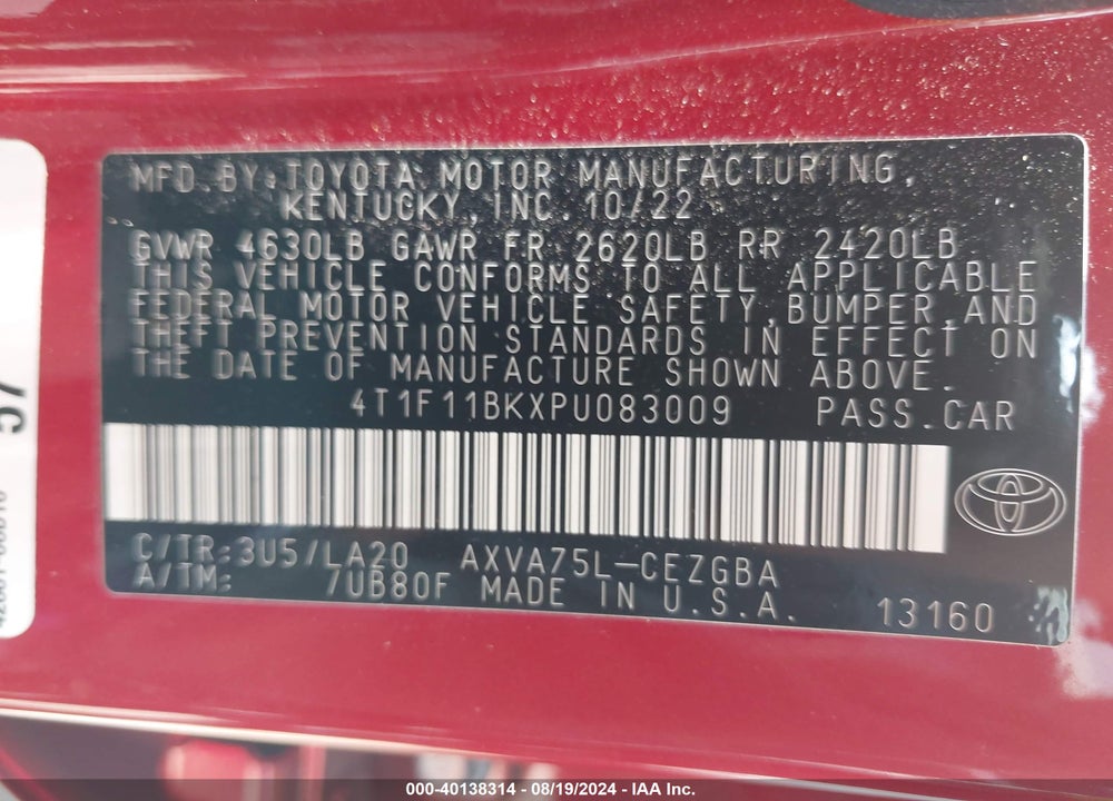 2023 TOYOTA CAMRY VIN: 4T1F11BKXPU083009
