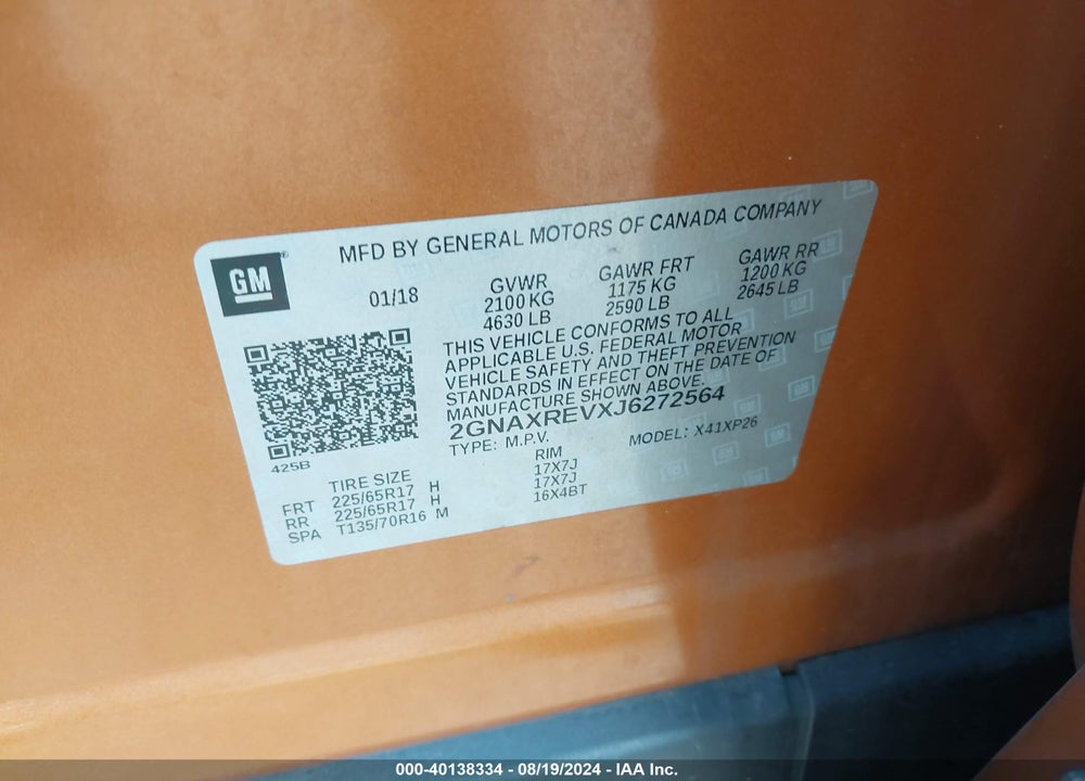 2018 CHEVROLET EQUINOX LS VIN: 2GNAXREVXJ6272564