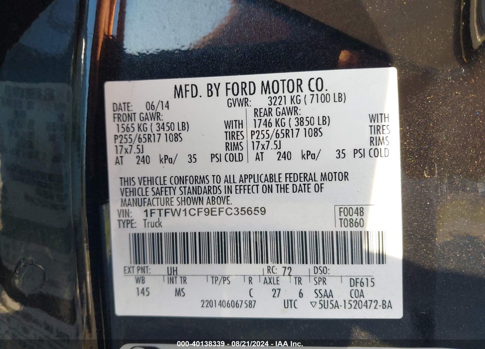 2014 FORD F-150 XLT VIN: 1FTFW1CF9EFC35659