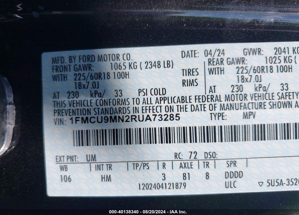 2024 FORD ESCAPE ST LINE VIN: 1FMCU9MN2RUA73285