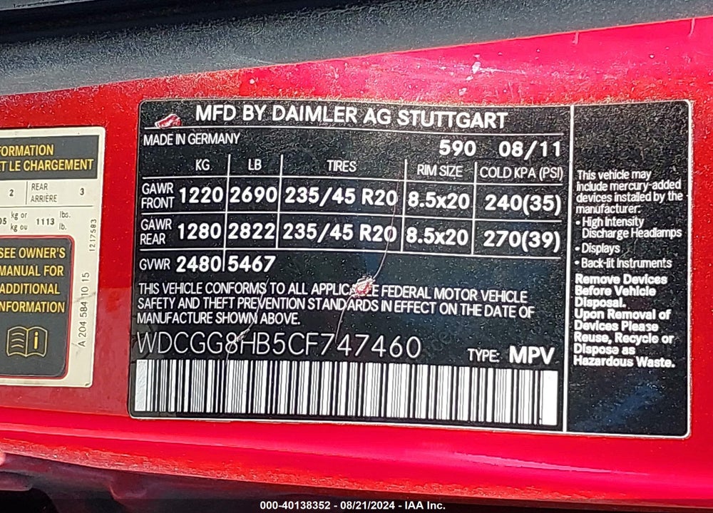 2012 MERCEDES-BENZ GLK 350 VIN: WDCGG8HB5CF747460