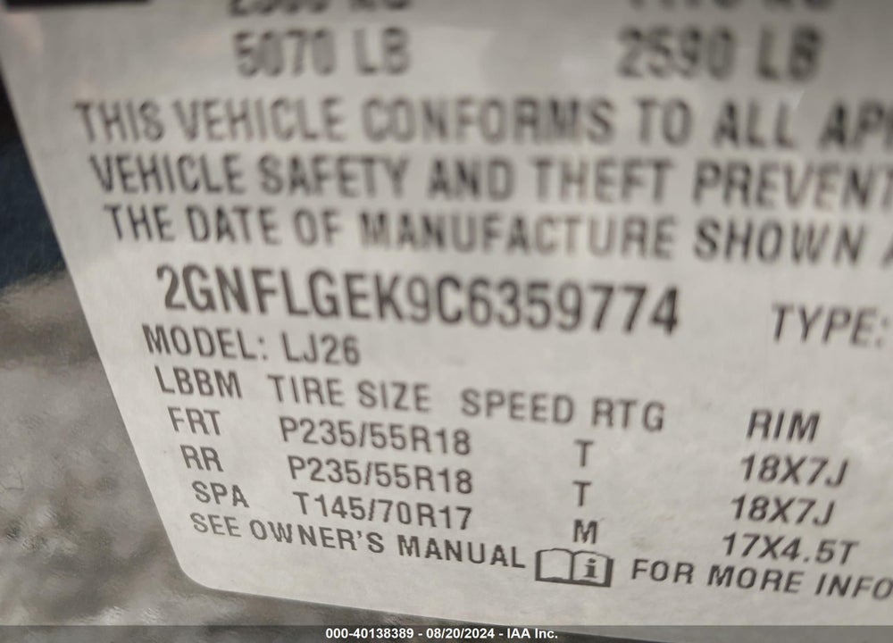 2012 CHEVROLET EQUINOX LTZ VIN: 2GNFLGEK9C6359774