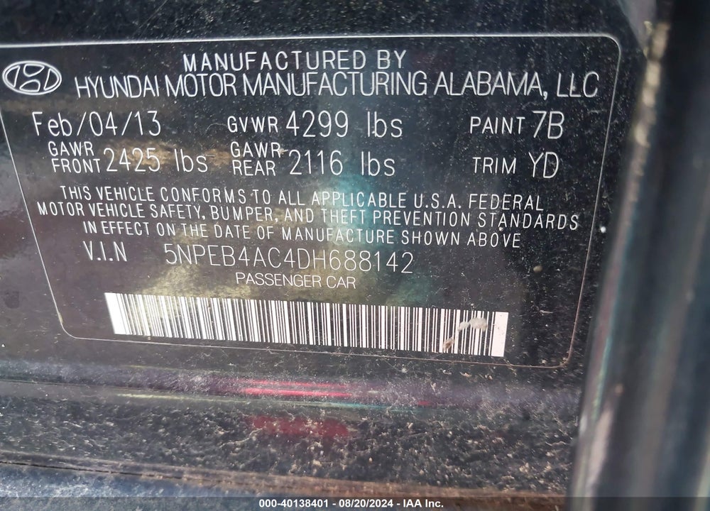 2013 HYUNDAI SONATA GLS VIN: 5NPEB4AC4DH688142