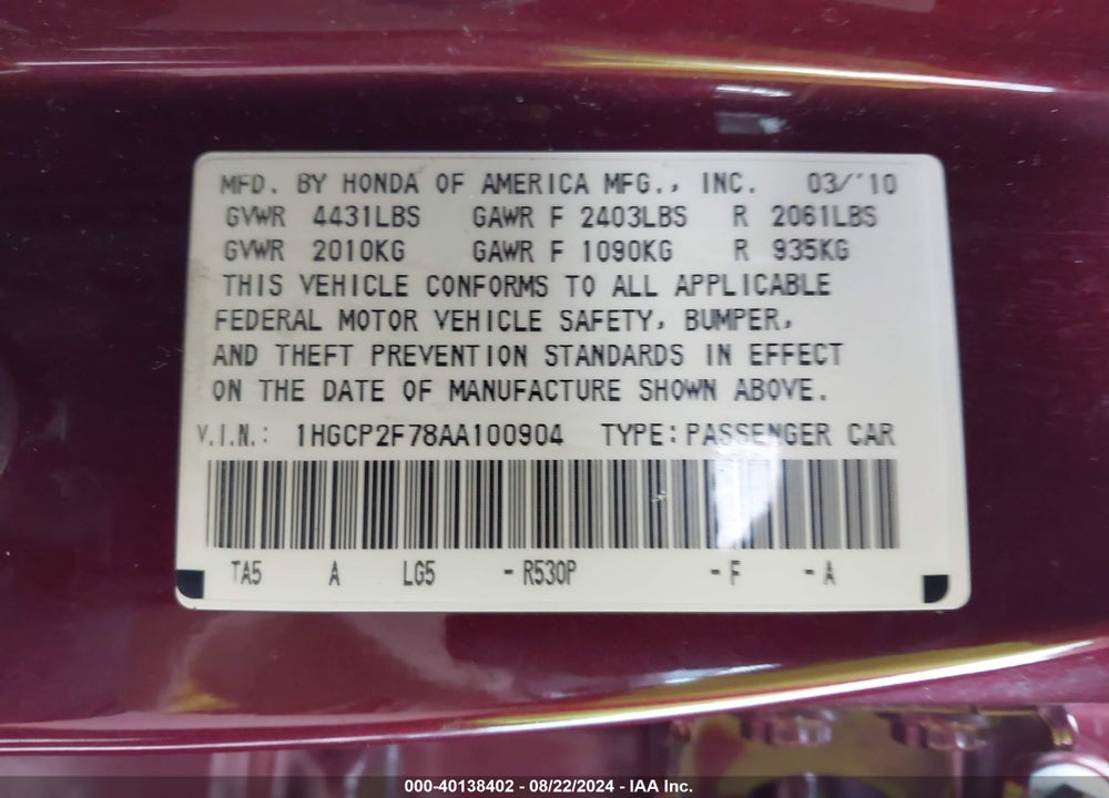 2010 HONDA ACCORD 2.4 EX VIN: 1HGCP2F78AA100904