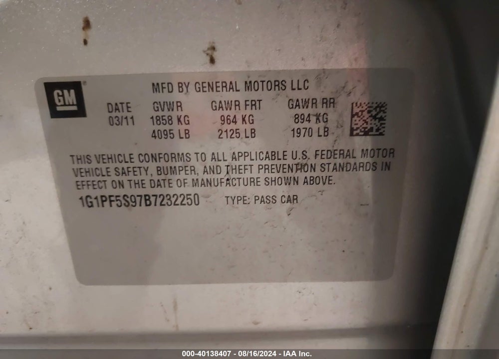 2011 CHEVROLET CRUZE 1LT VIN: 1G1PF5S97B7232250