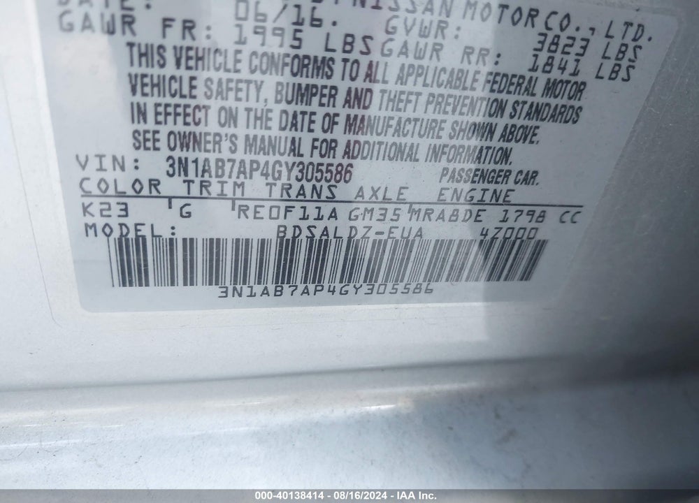 2016 NISSAN SENTRA SV VIN: 3N1AB7AP4GY305586