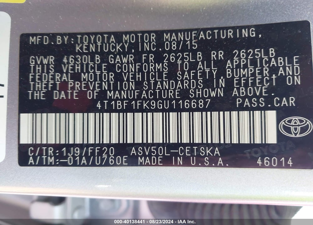 2016 TOYOTA CAMRY SE VIN: 4T1BF1FK9GU116687