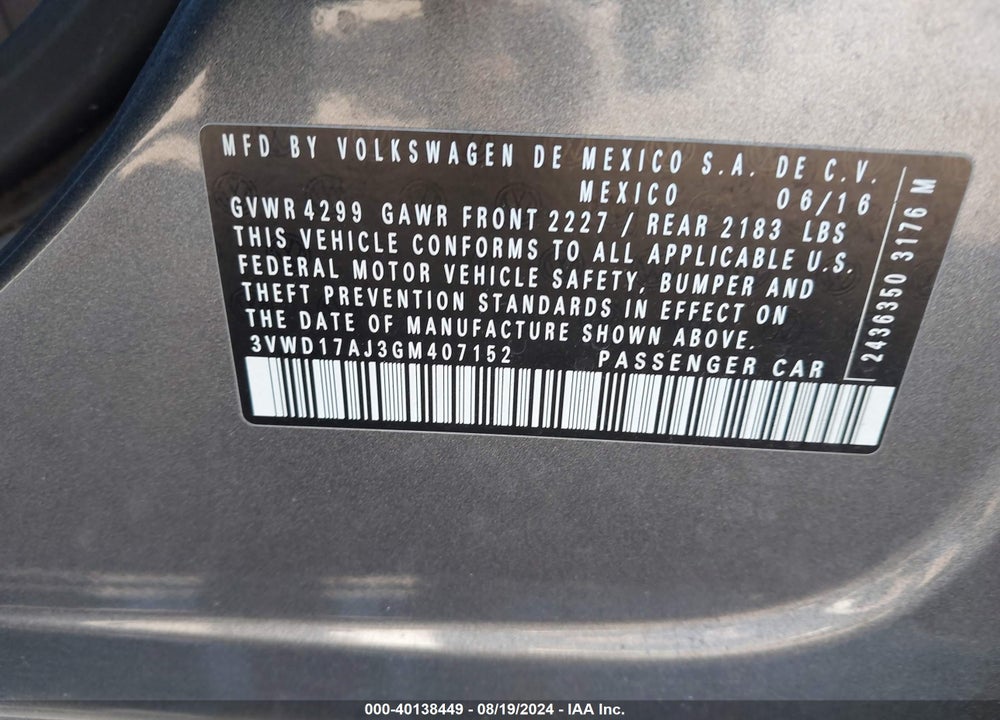 2016 VOLKSWAGEN JETTA 1.8T SPORT VIN: 3VWD17AJ3GM407152