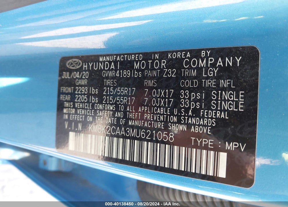 2021 HYUNDAI KONA SEL VIN: KM8K2CAA3MU621058
