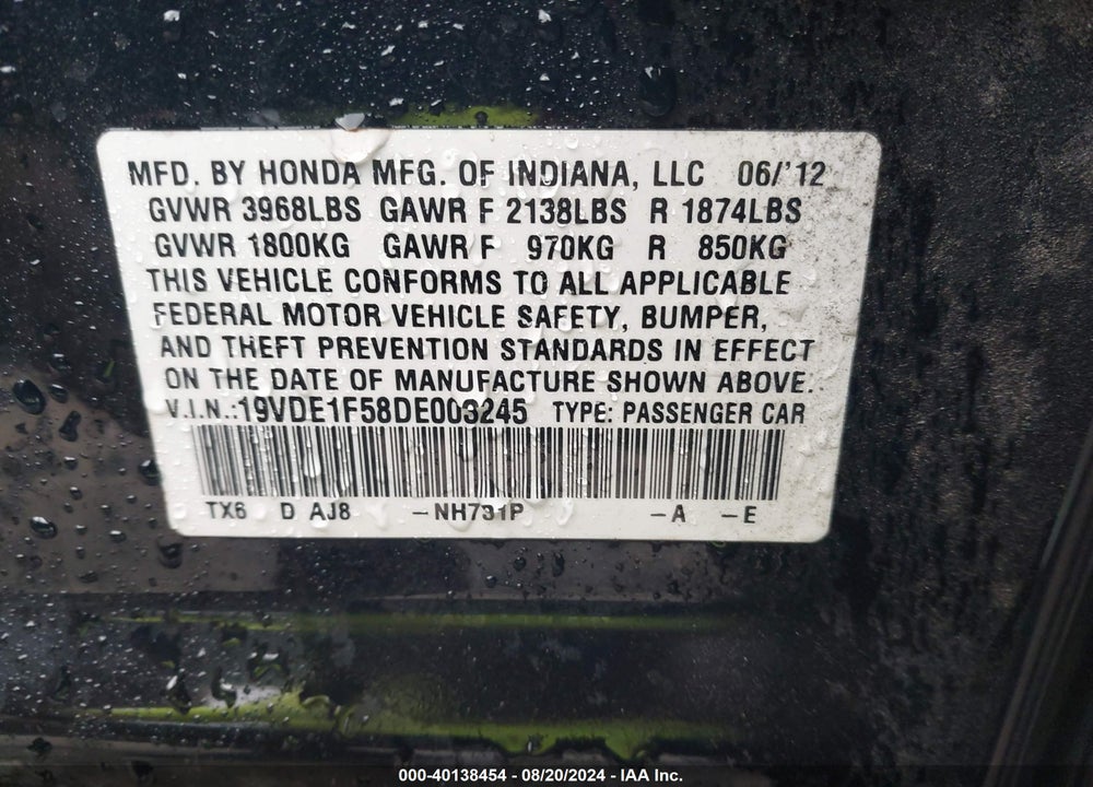 2013 ACURA ILX 2.0L VIN: 19VDE1F58DE003245