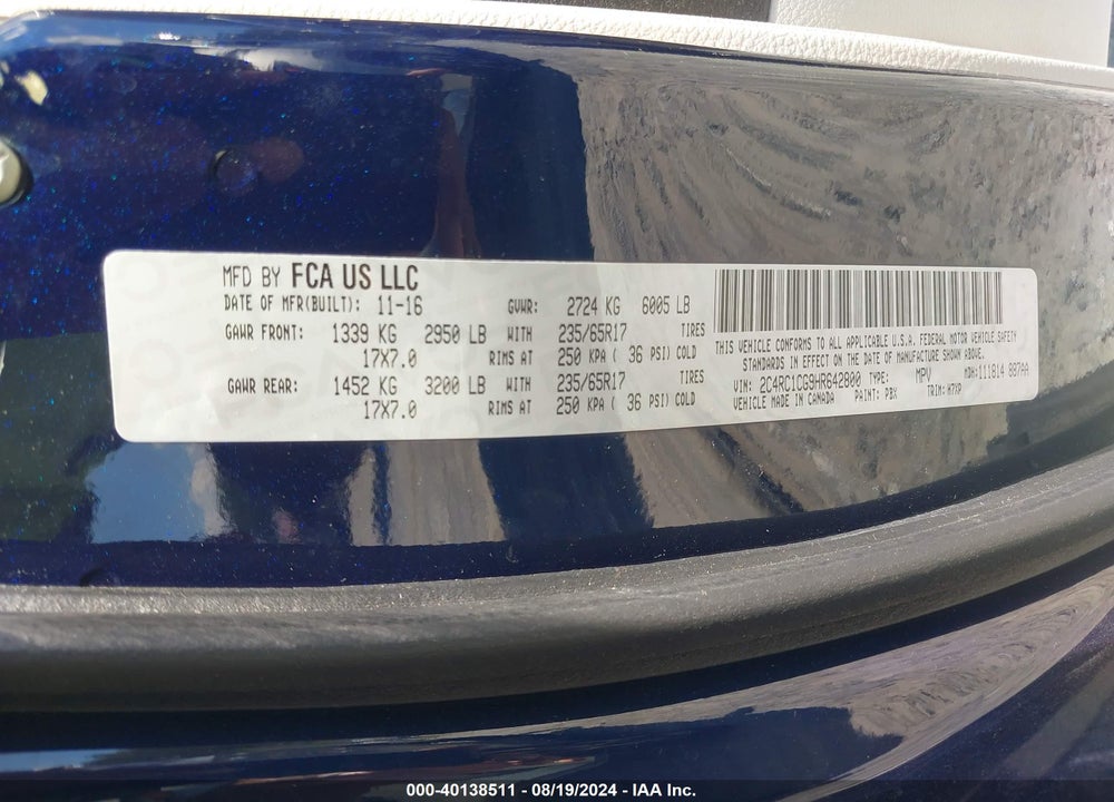 2017 CHRYSLER PACIFICA LX VIN: 2C4RC1CG9HR642800