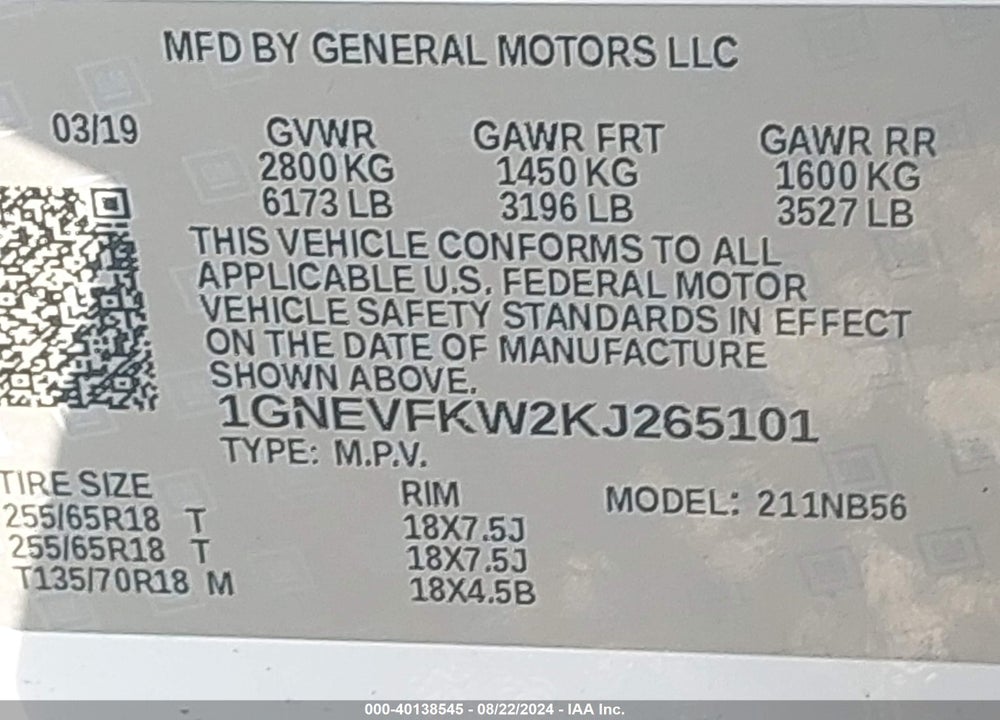 2019 CHEVROLET TRAVERSE LS VIN: 1GNEVFKW2KJ265101
