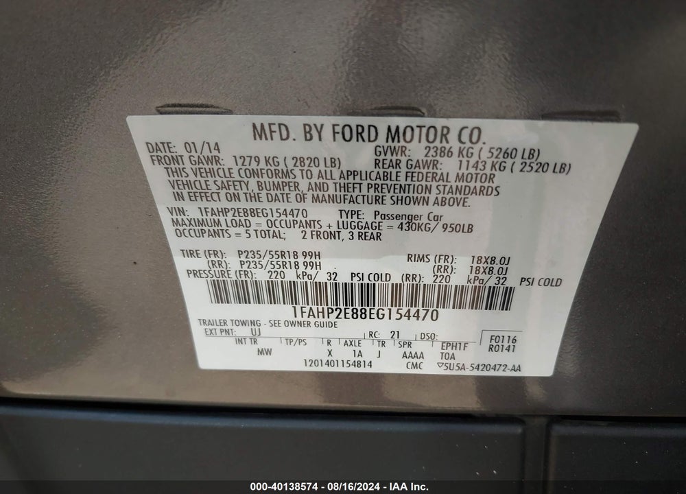 2014 FORD TAURUS SEL VIN: 1FAHP2E88EG154470