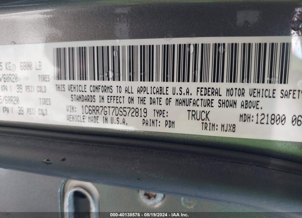 2013 RAM 1500 BIG HORN VIN: 1C6RR7GT7DS572819