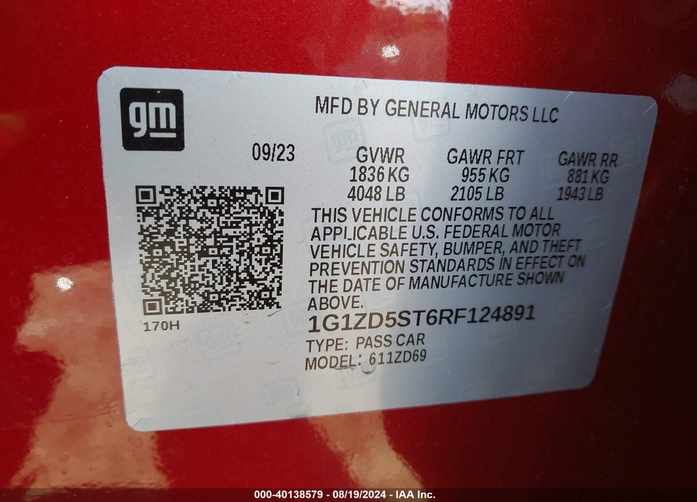 2024 CHEVROLET MALIBU FWD 1LT VIN: 1G1ZD5ST6RF124891