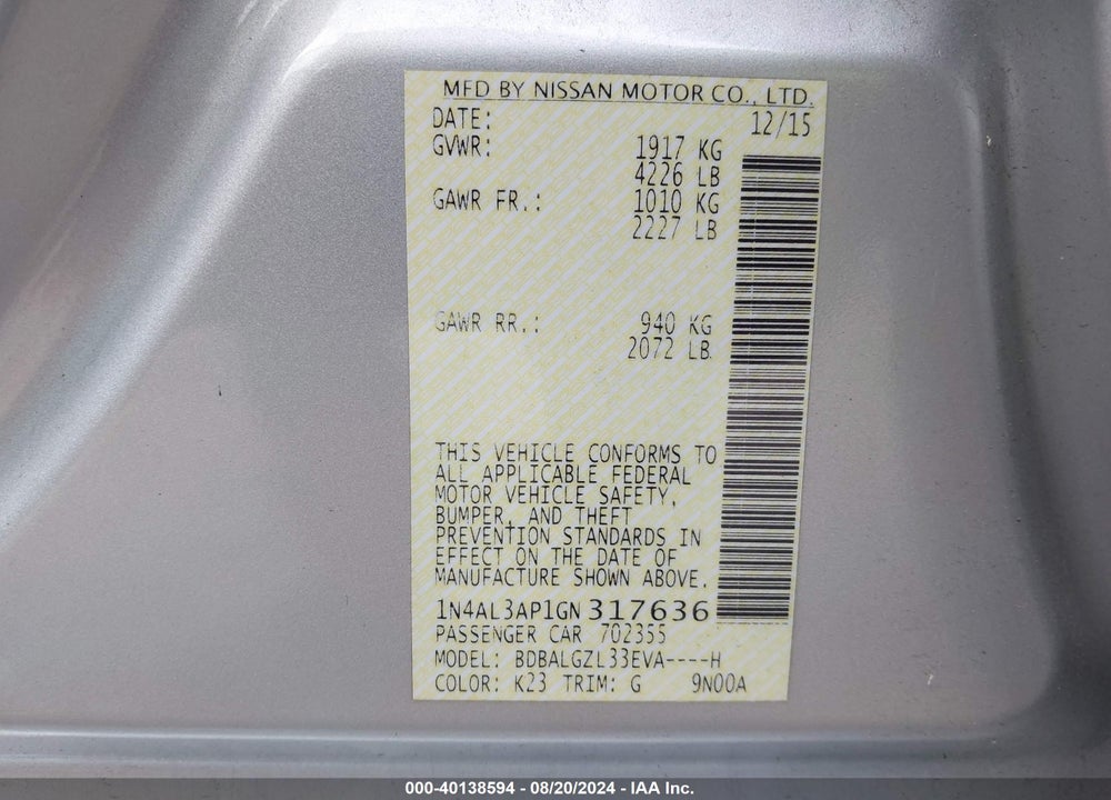 2016 NISSAN ALTIMA 2.5 S VIN: 1N4AL3AP1GN317636