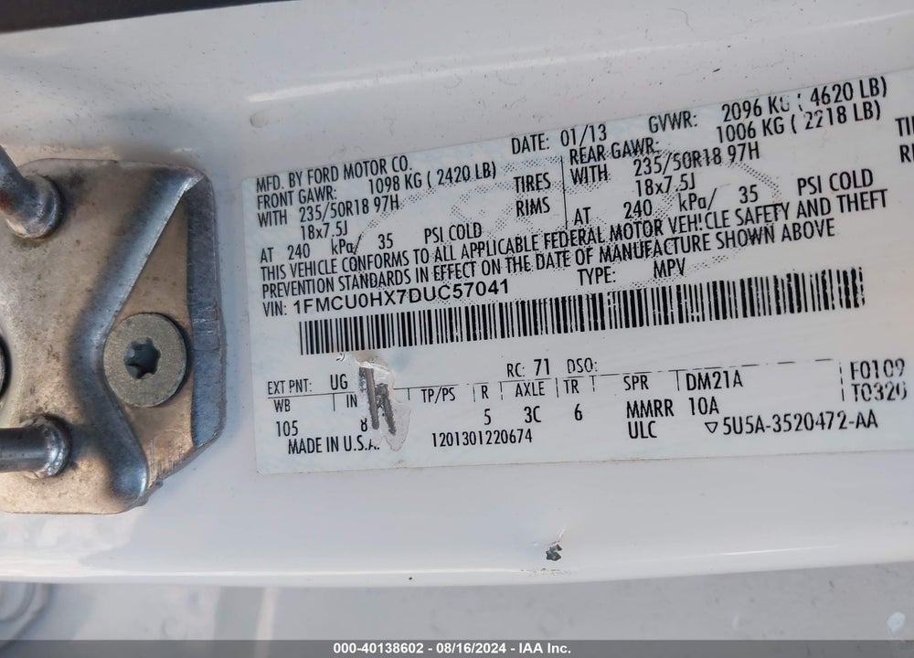 2013 FORD ESCAPE SEL VIN: 1FMCU0HX7DUC57041