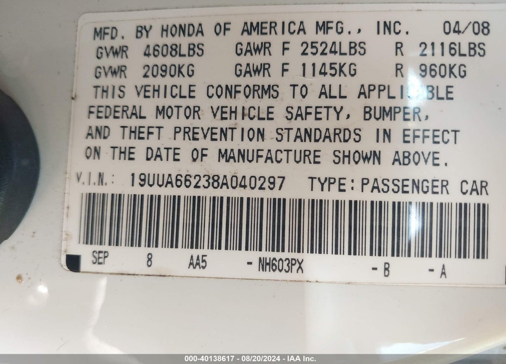 2008 ACURA TL 3.2 VIN: 19UUA66238A040297