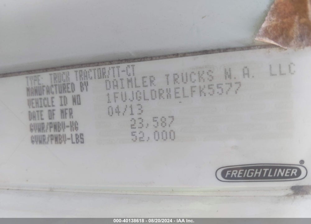 2014 FREIGHTLINER CASCADIA 125 VIN: 1FUJGLDRXELFK5577