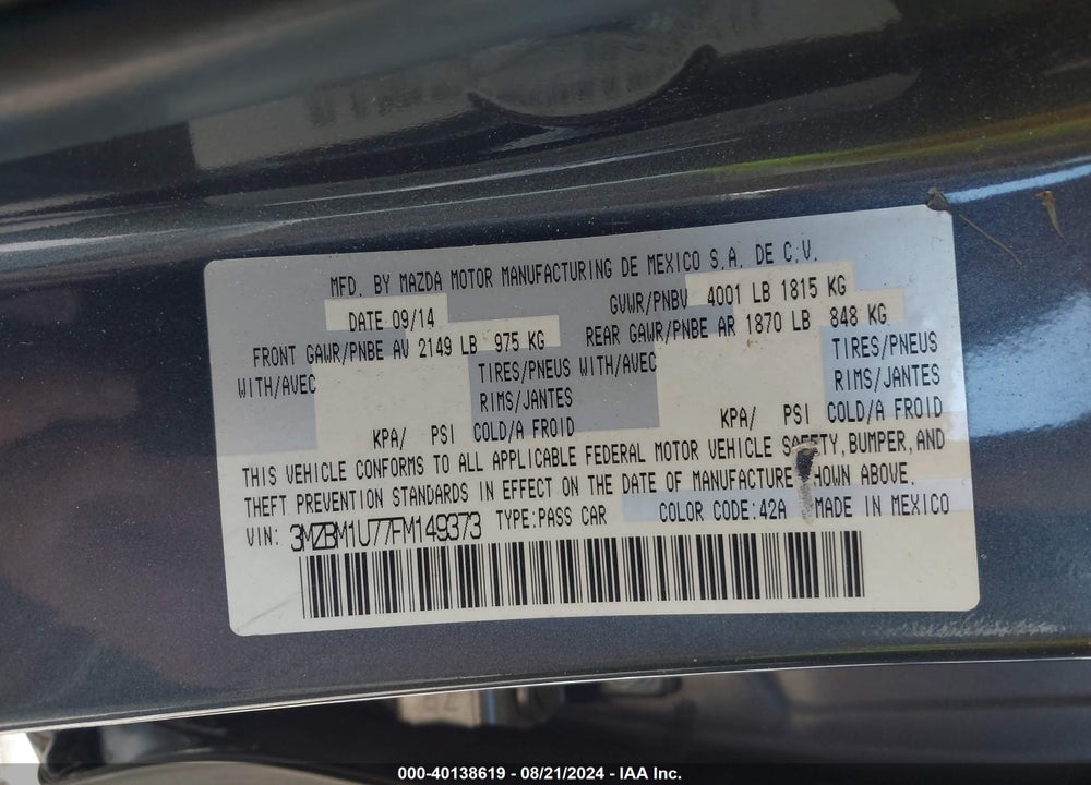 2015 MAZDA MAZDA3 VIN: 3MZBM1U77FM149373