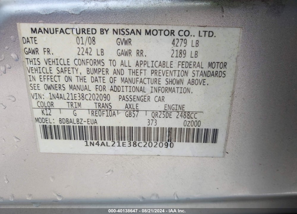 2008 NISSAN ALTIMA VIN: 1N4AL21E38C202090