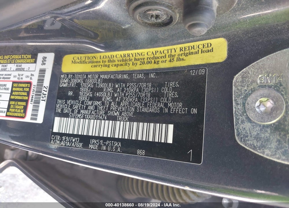 2010 TOYOTA TUNDRA GRADE 4.6L V8 VIN: 5TFEM5F1XAX011474