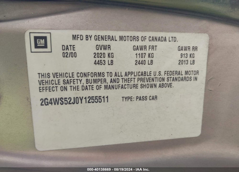 2000 BUICK CENTURY CUSTOM VIN: 2G4WS52J0Y1255511
