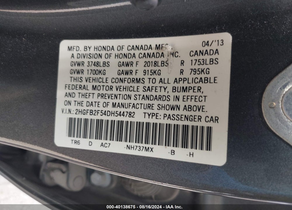2013 HONDA CIVIC LX VIN: 2HGFB2F54DH544782