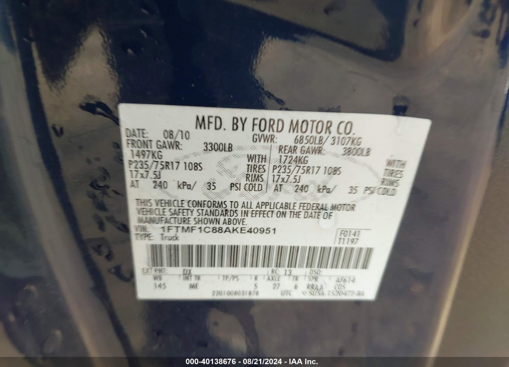 2010 FORD F-150 XL/XLT VIN: 1FTMF1C88AKE40951